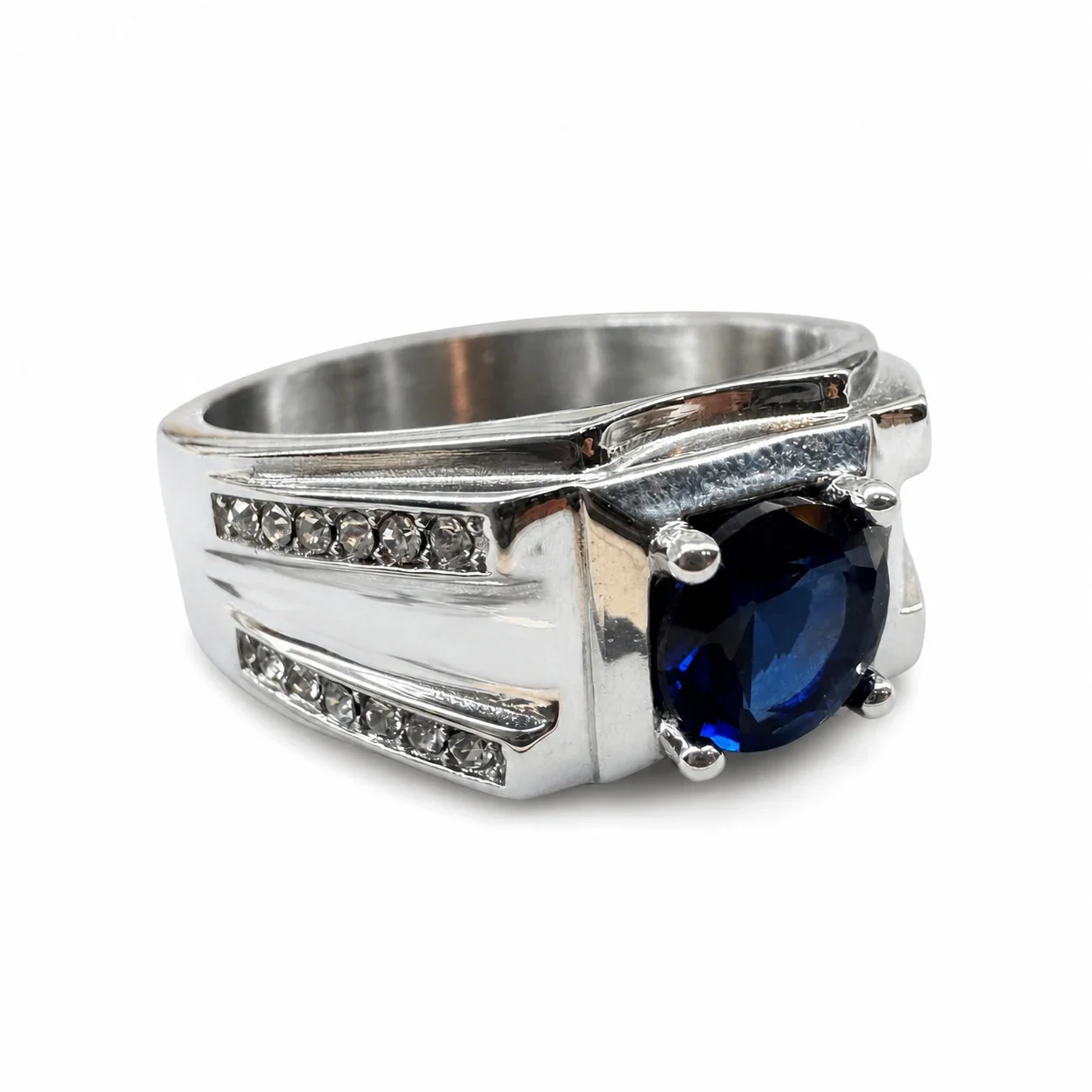 Bold 316 Stainless Steel Round-Cut CZ Signet Ring - Blue