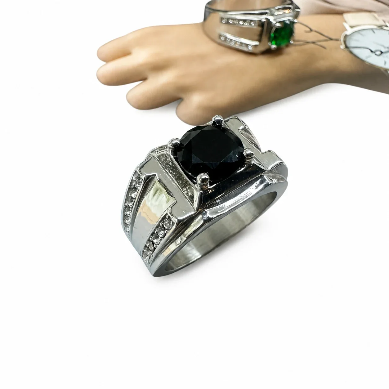 Bold 316 Stainless Steel Round-Cut CZ Signet Ring - Black