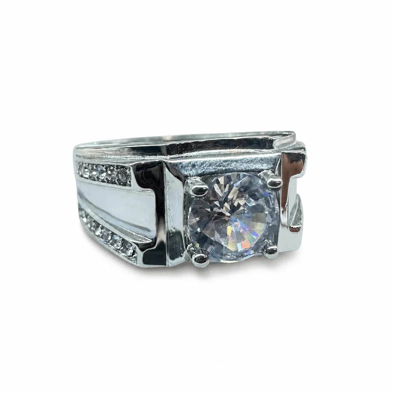 Bold 316 Stainless Steel Round-Cut CZ Signet Ring - Clear