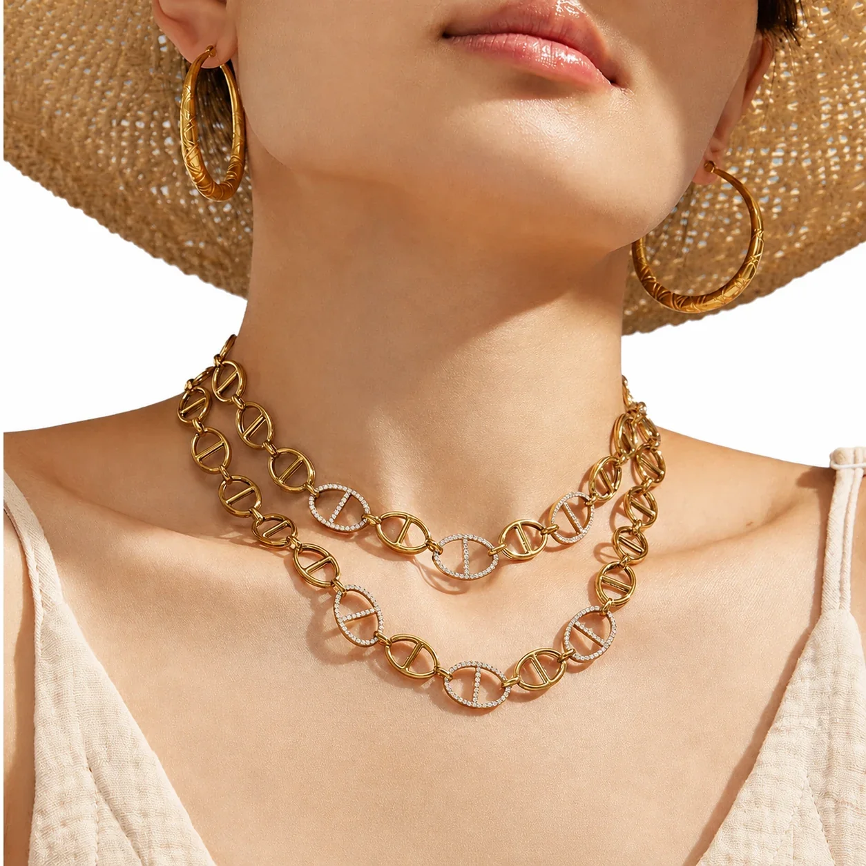 Oval Bar-Link 316 Stainless Steel CZ Chain Necklace