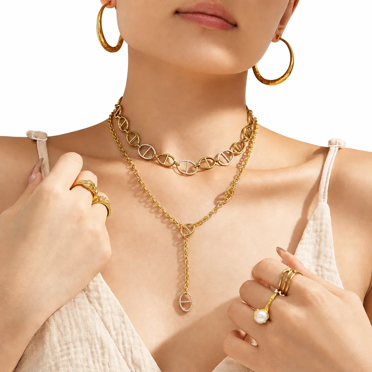 Oval Bar-Link 316 Stainless Steel CZ Chain Necklace