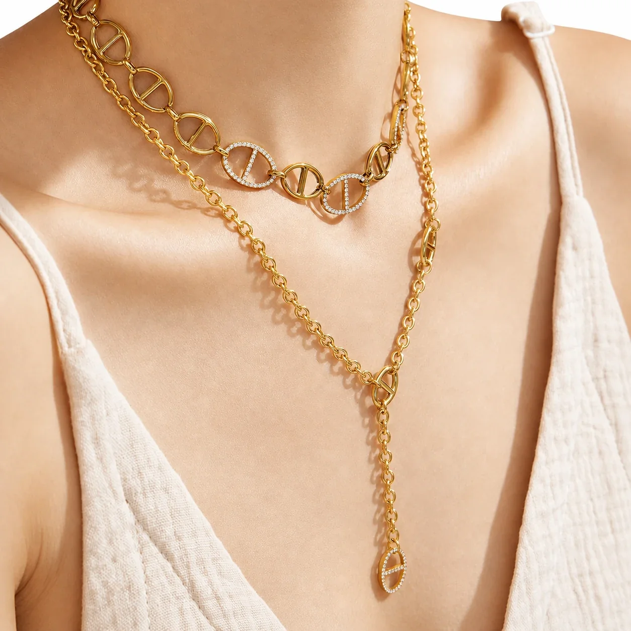 Oval Bar-Link 316 Stainless Steel CZ Chain Necklace