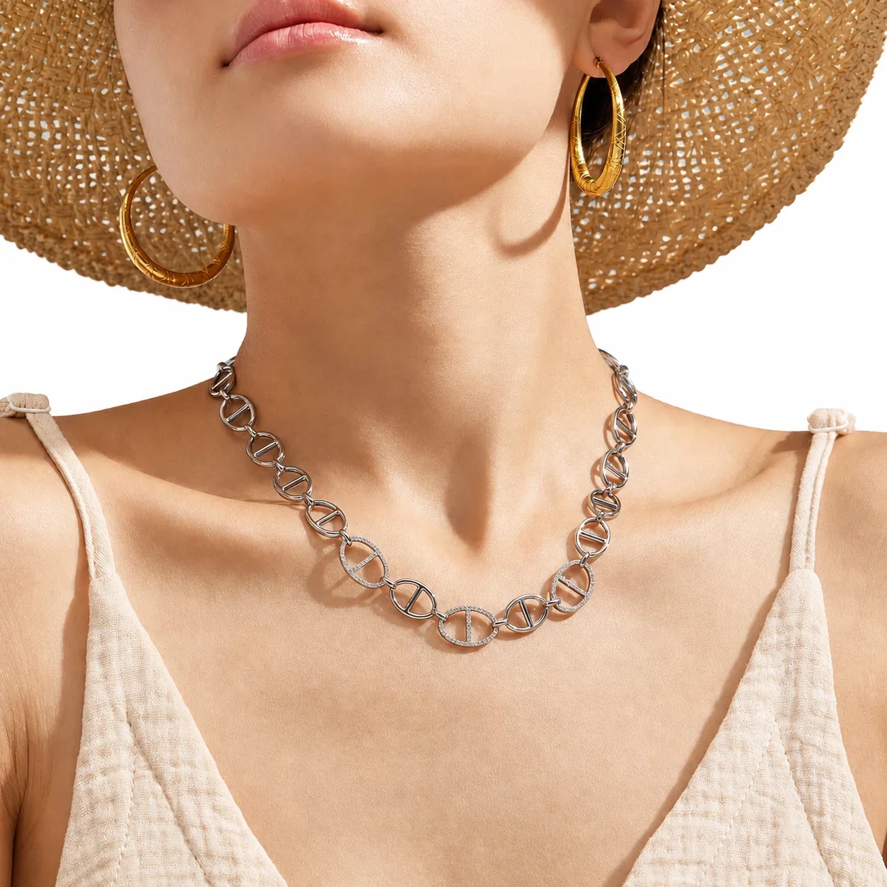 Oval Bar-Link 316 Stainless Steel CZ Chain Necklace