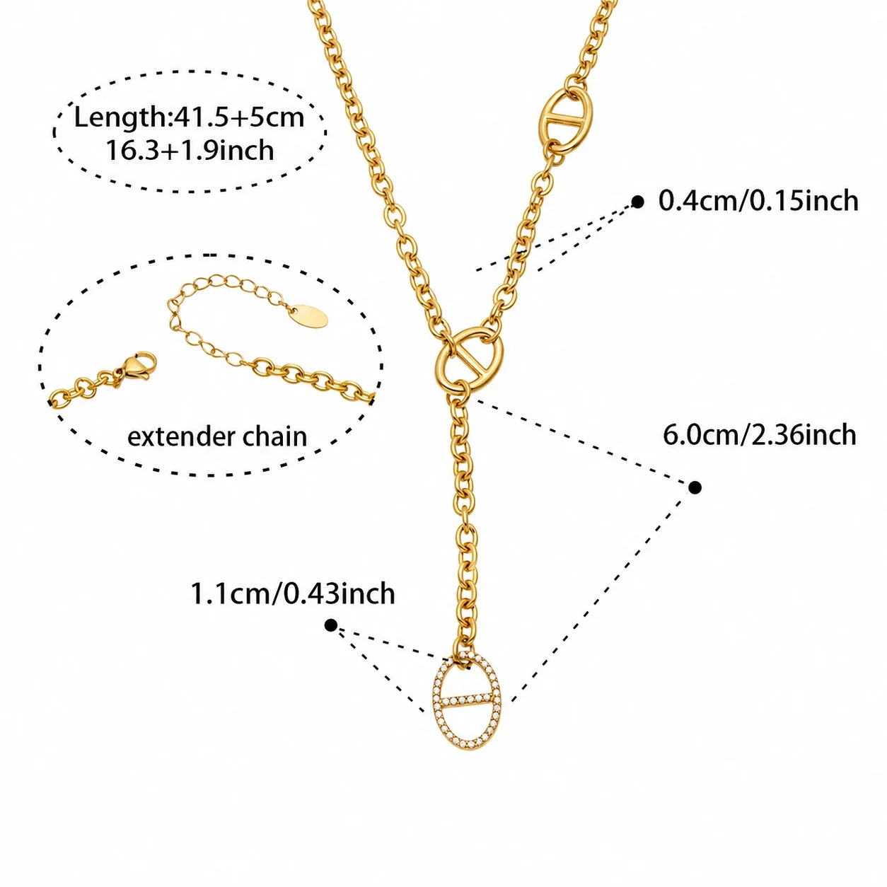 Oval Bar-Link 316 Stainless Steel CZ Chain Necklace - Gold Y