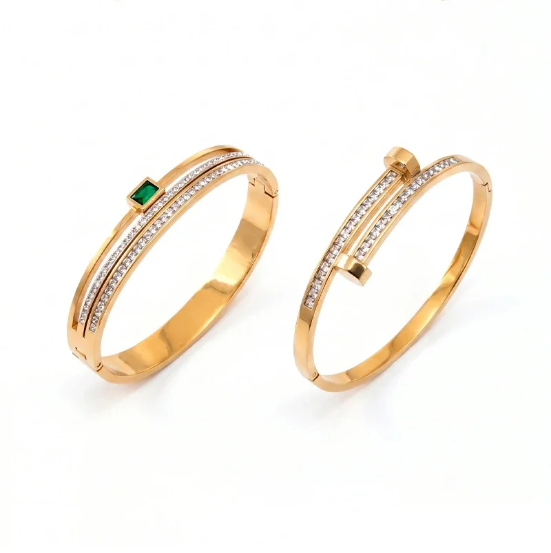 Stainless Steel Bangle, Twin Crystal Rows, Green Square, Gold-Plated