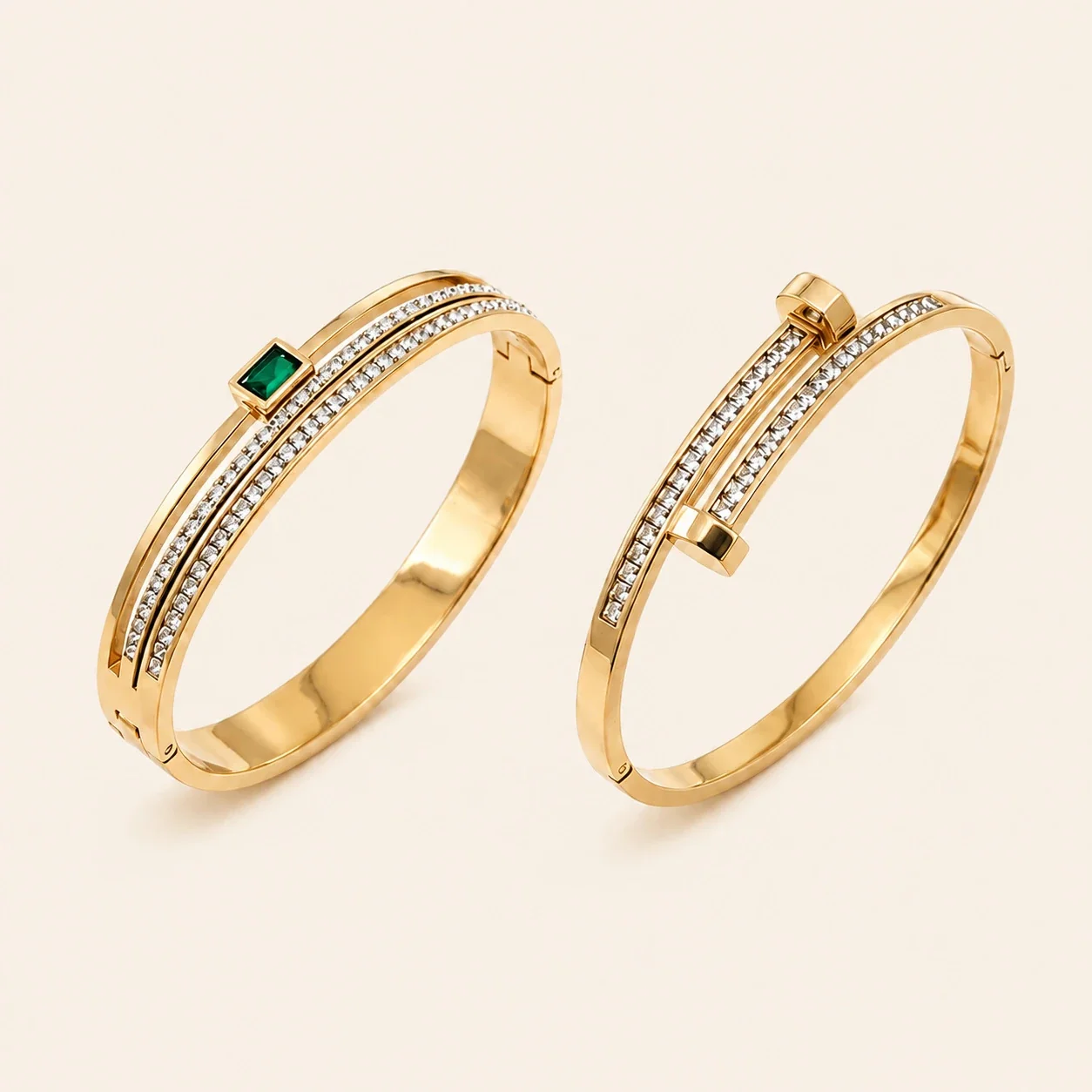 Stainless Steel Bangle, Twin Crystal Rows, Green Square, Gold-Plated