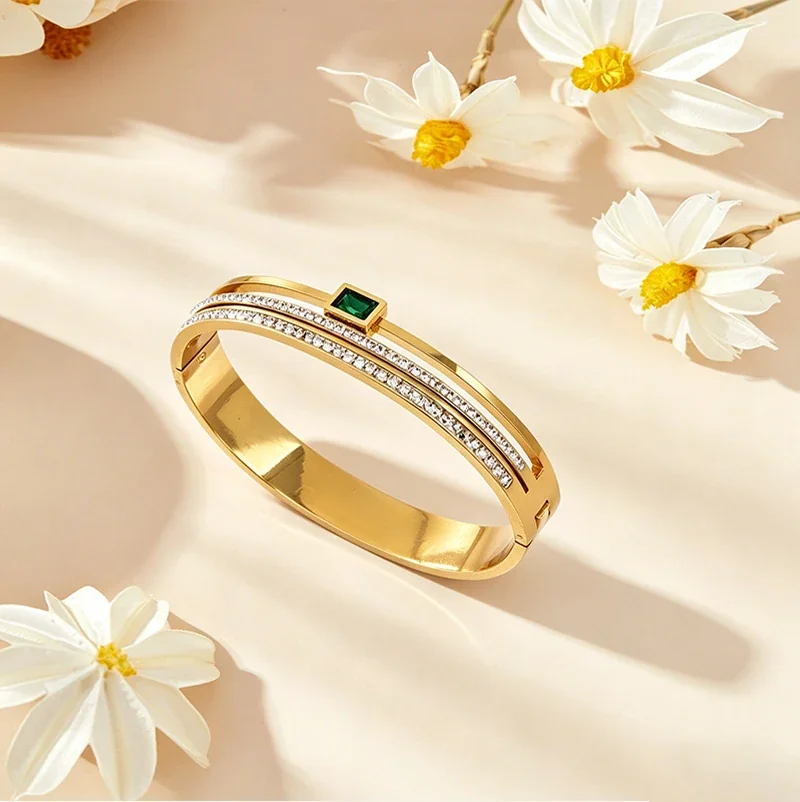 Stainless Steel Bangle, Twin Crystal Rows, Green Square, Gold-Plated