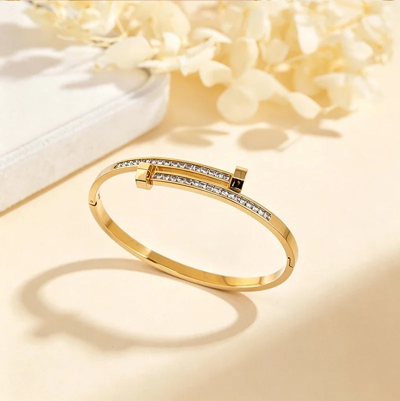Stainless Steel Bangle, Twin Crystal Rows, Green Square, Gold-Plated