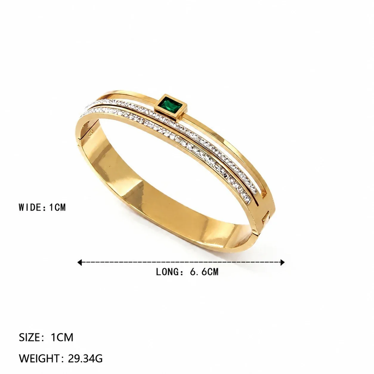 Stainless Steel Bangle, Twin Crystal Rows, Green Square, Gold-Plated