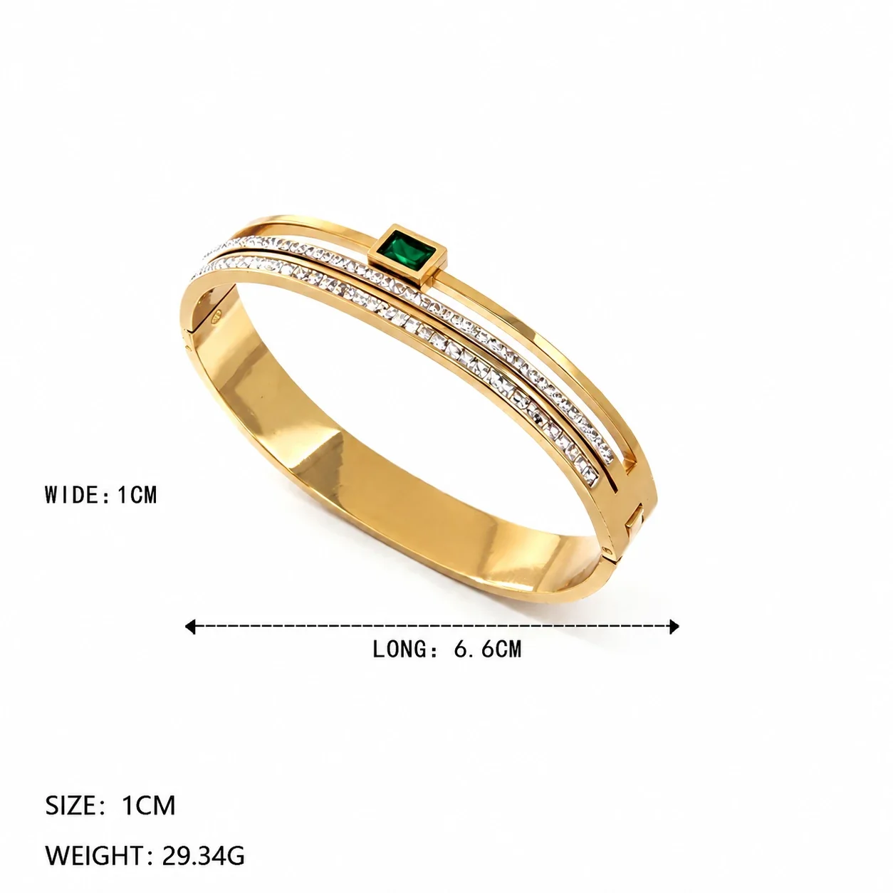 Stainless Steel Bangle, Twin Crystal Rows, Green Square, Gold-Plated - Gold Clear and Green Crystals