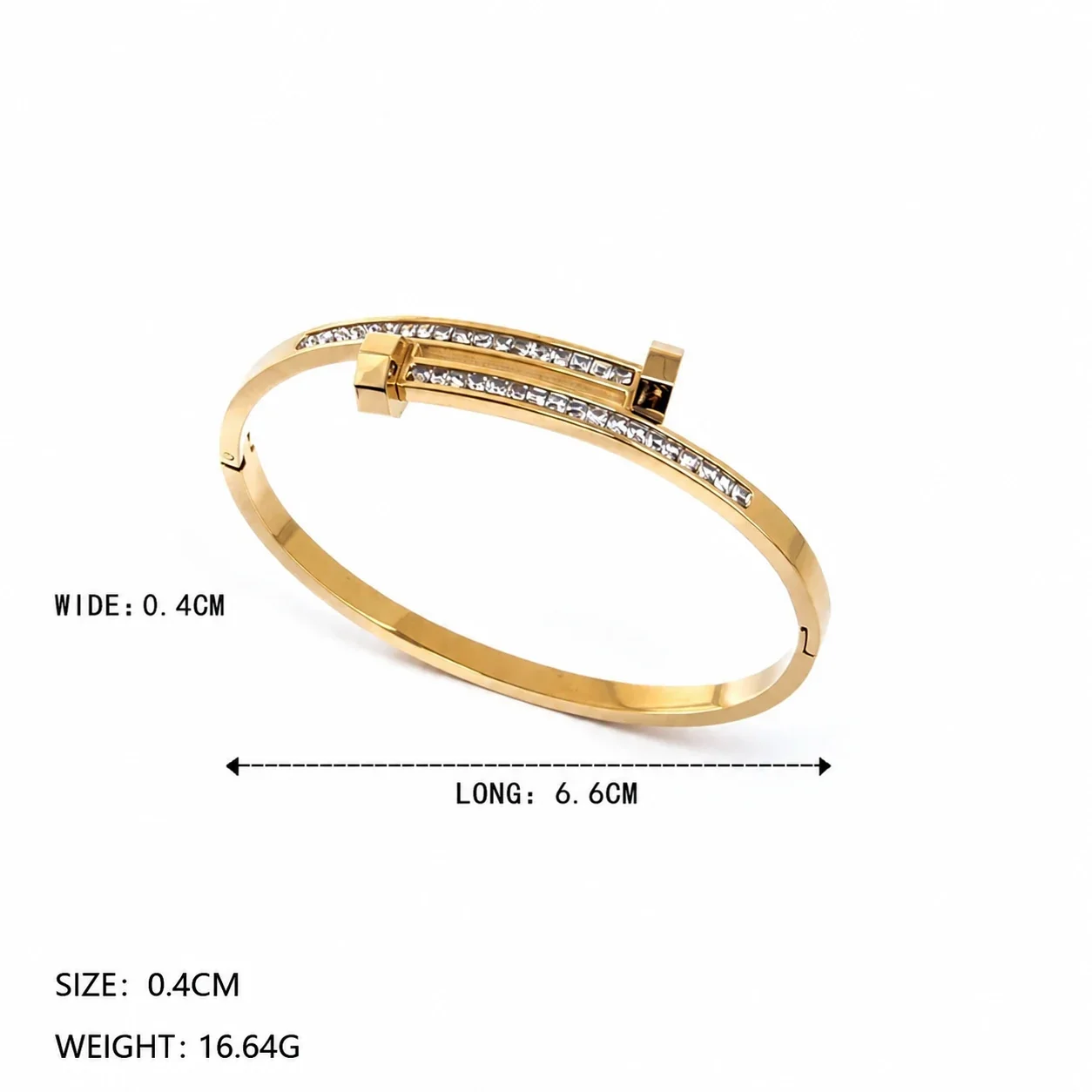 Stainless Steel Bangle, Twin Crystal Rows, Green Square, Gold-Plated - Gold Clear Crystals