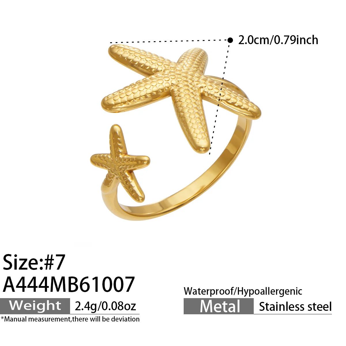 Open ringen met bloem, pavé-disc en zeester, Gold PVD productfoto