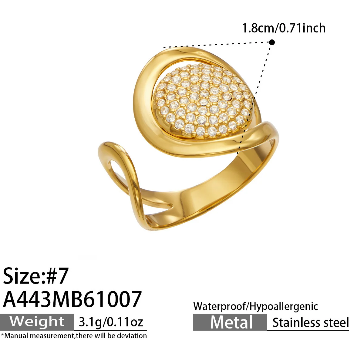 Open ringen met bloem, pavé-disc en zeester, Gold PVD productfoto