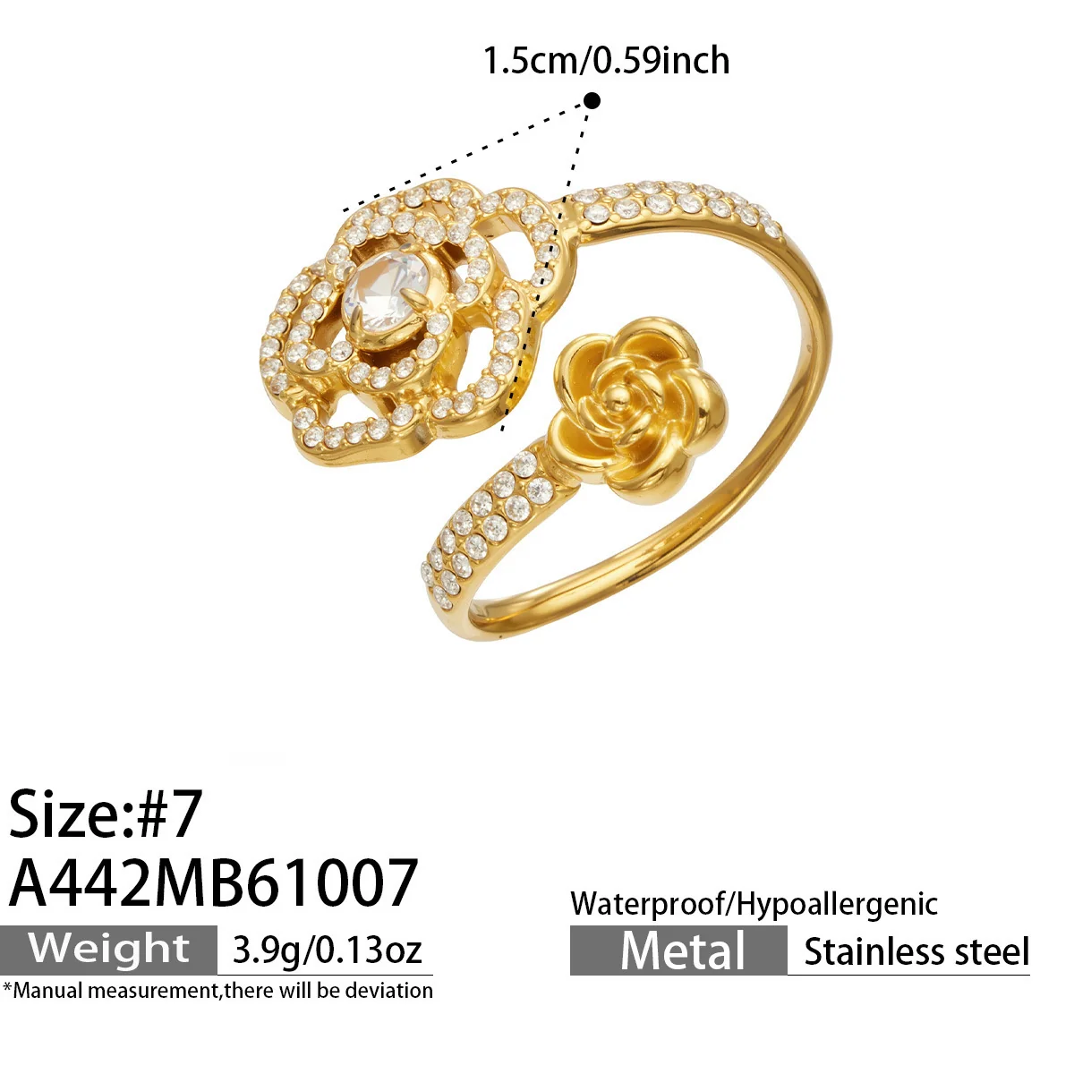 Open ringen met bloem, pavé-disc en zeester, Gold PVD productfoto