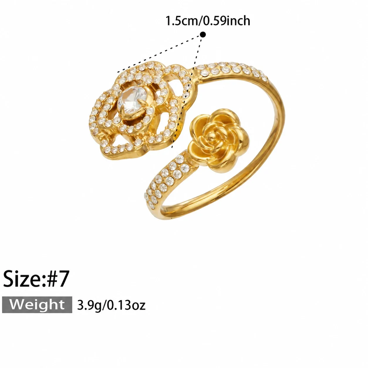 Open ringen met bloem, pavé-disc en zeester, Gold PVD productfoto
