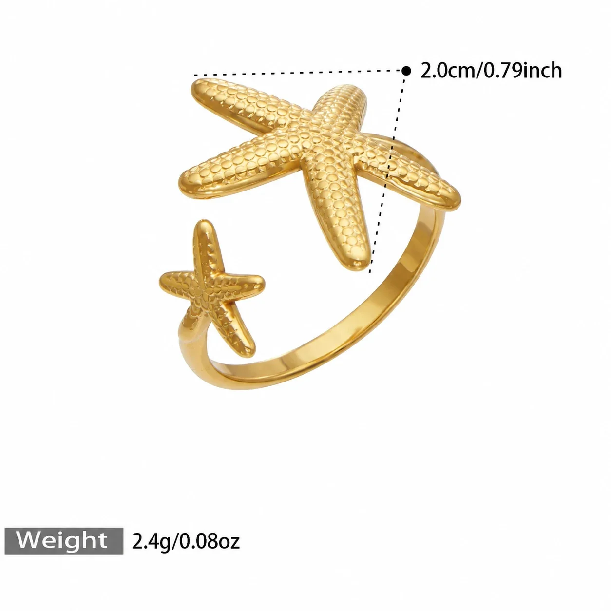 Open ringen met bloem, pavé-disc en zeester, Gold PVD productfoto