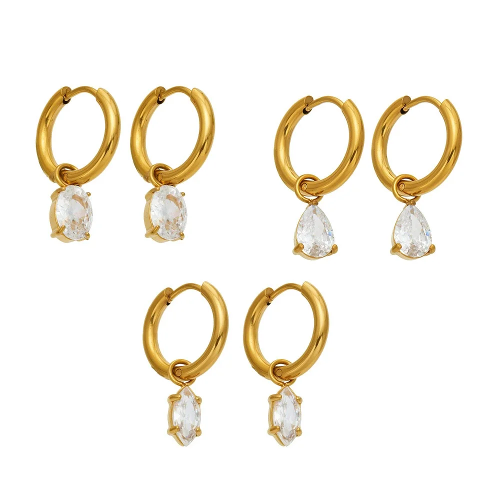Brincos de argola com pendente de zircónia cúbica, aço inoxidável 316 PVD dourado 18K