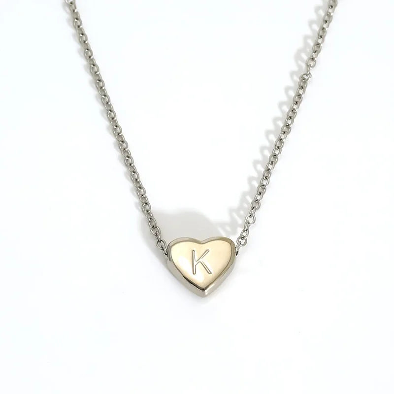 Polished Stainless Steel Heart Initial Cable Necklace - Silver K