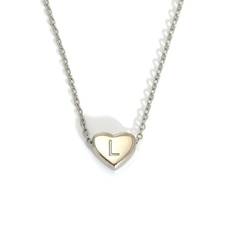 Polished Stainless Steel Heart Initial Cable Necklace - Silver L