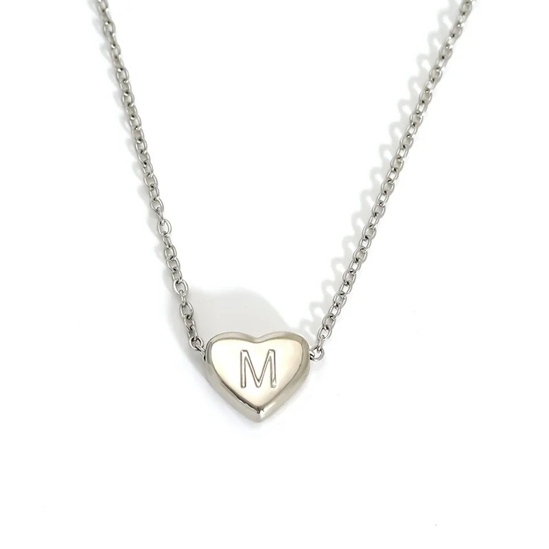 Polished Stainless Steel Heart Initial Cable Necklace - Silver M