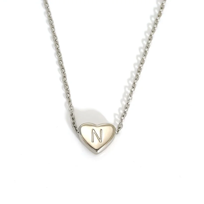 Polished Stainless Steel Heart Initial Cable Necklace - Silver N