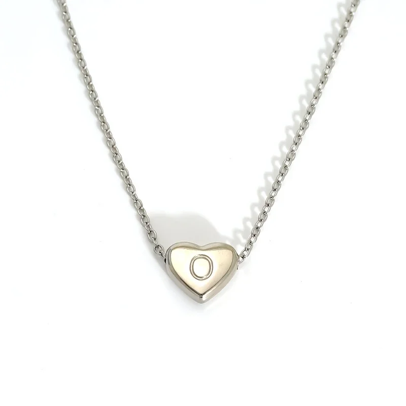 Polished Stainless Steel Heart Initial Cable Necklace - Silver O