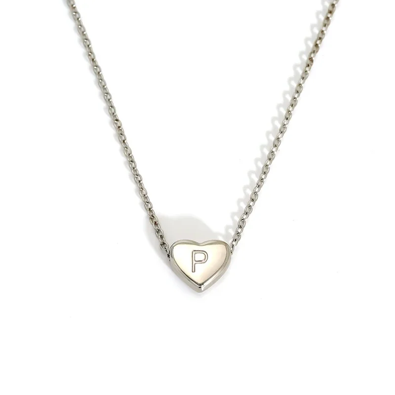 Polished Stainless Steel Heart Initial Cable Necklace - Silver P