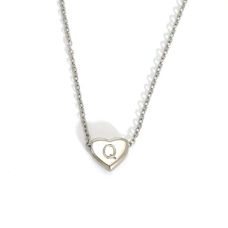 Polished Stainless Steel Heart Initial Cable Necklace - Silver Q