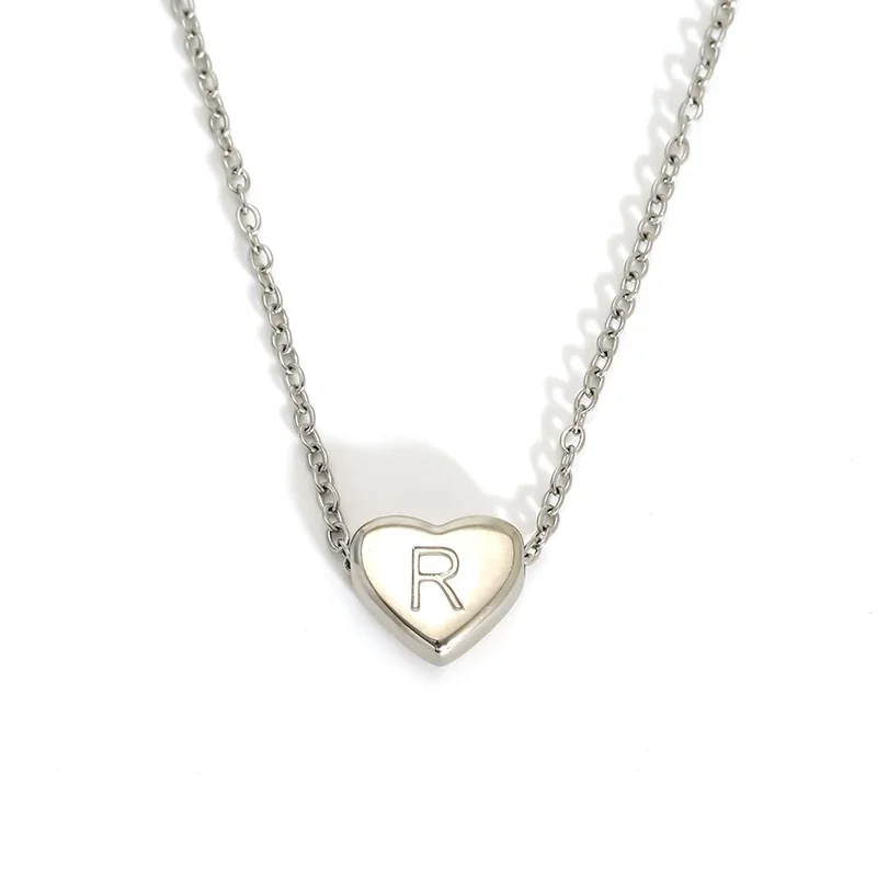 Polished Stainless Steel Heart Initial Cable Necklace - Silver R