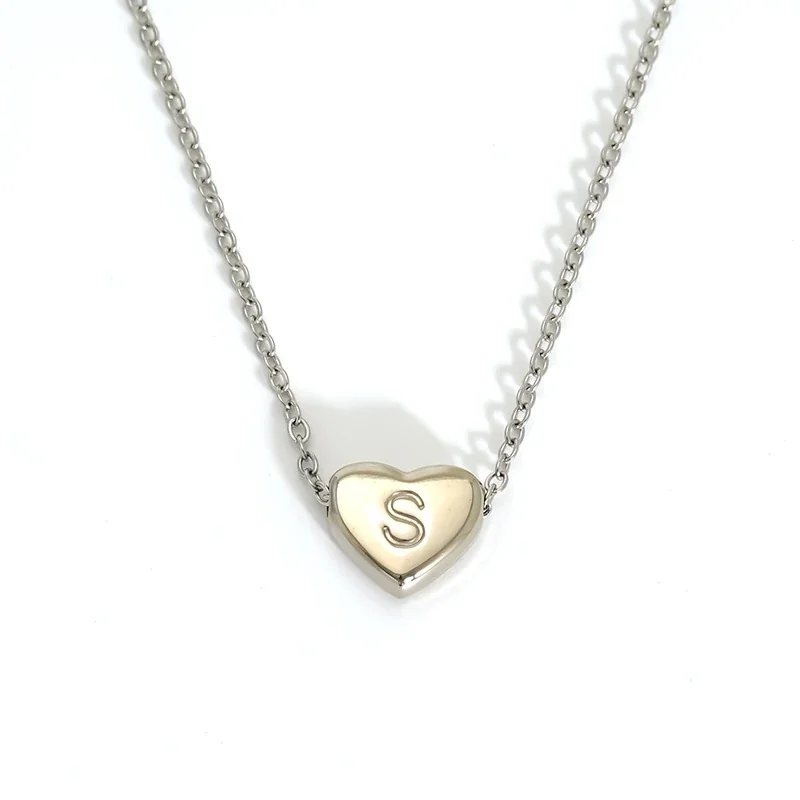Polished Stainless Steel Heart Initial Cable Necklace - Silver S