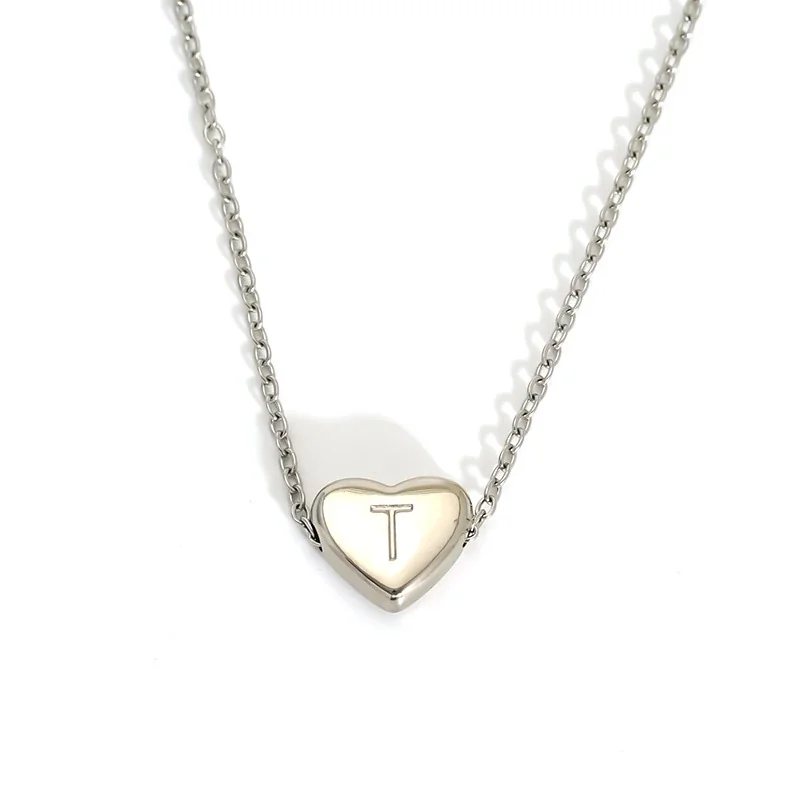 Polished Stainless Steel Heart Initial Cable Necklace - Silver T