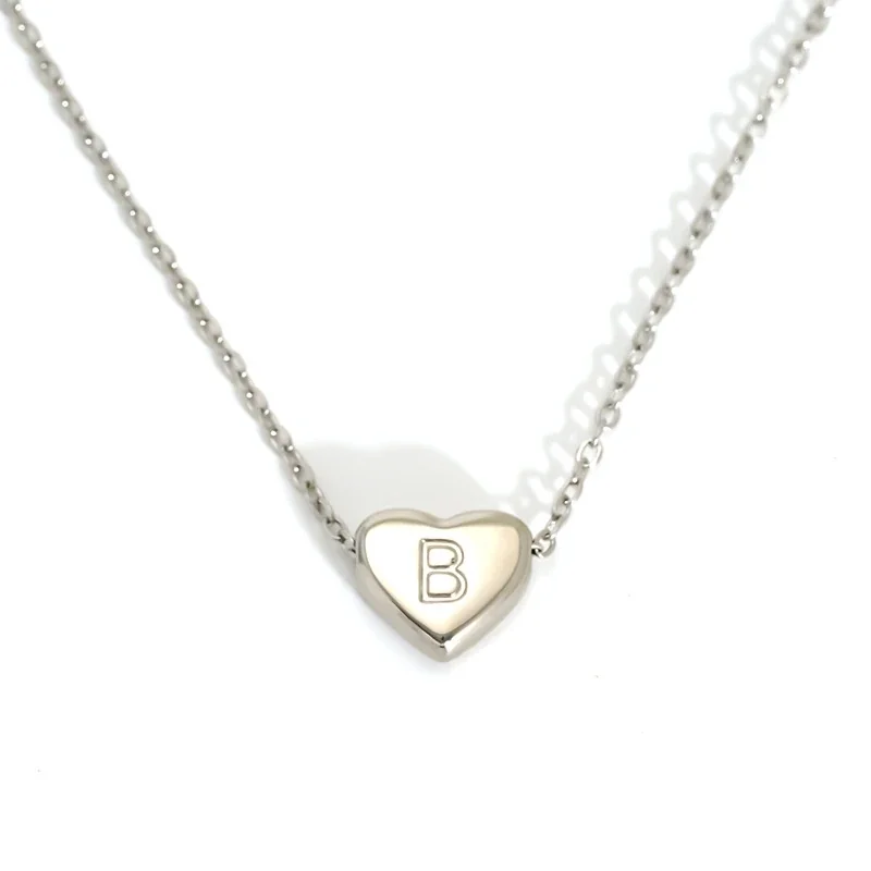 Polished Stainless Steel Heart Initial Cable Necklace - Silver B