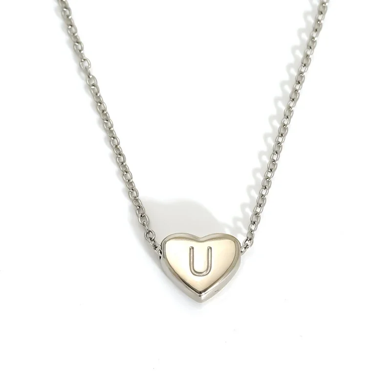 Polished Stainless Steel Heart Initial Cable Necklace - Silver U