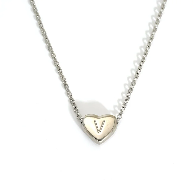 Polished Stainless Steel Heart Initial Cable Necklace - Silver V