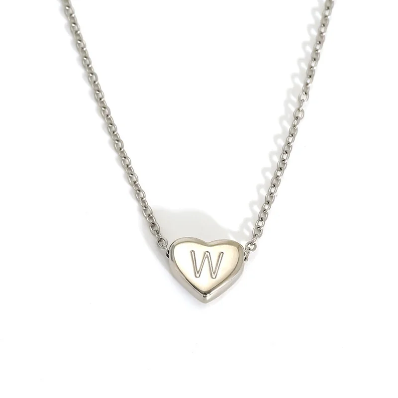 Polished Stainless Steel Heart Initial Cable Necklace - Silver W