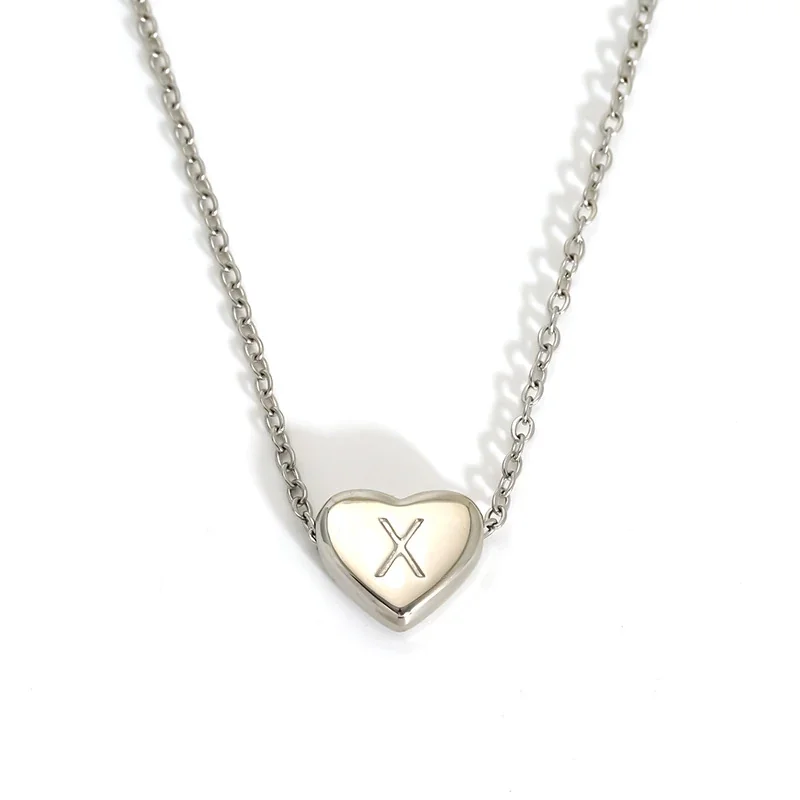 Polished Stainless Steel Heart Initial Cable Necklace - Silver X