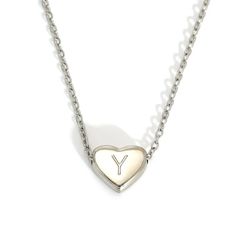 Polished Stainless Steel Heart Initial Cable Necklace - Silver Y