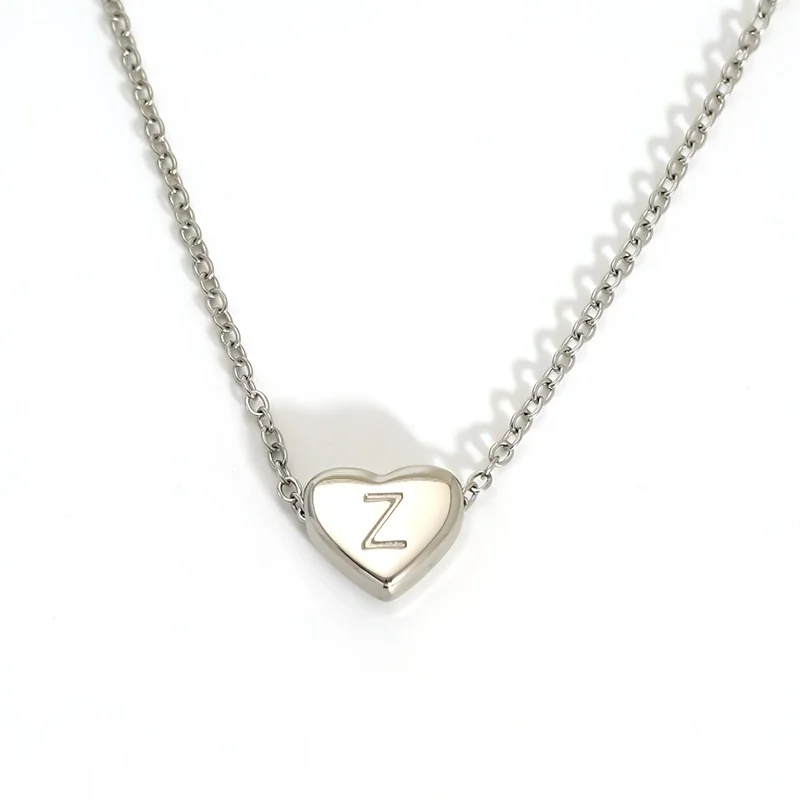 Polished Stainless Steel Heart Initial Cable Necklace - Silver Z