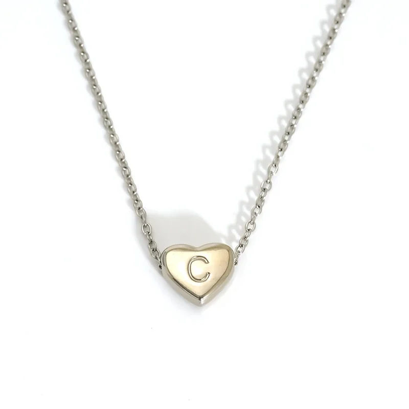 Polished Stainless Steel Heart Initial Cable Necklace - Silver C