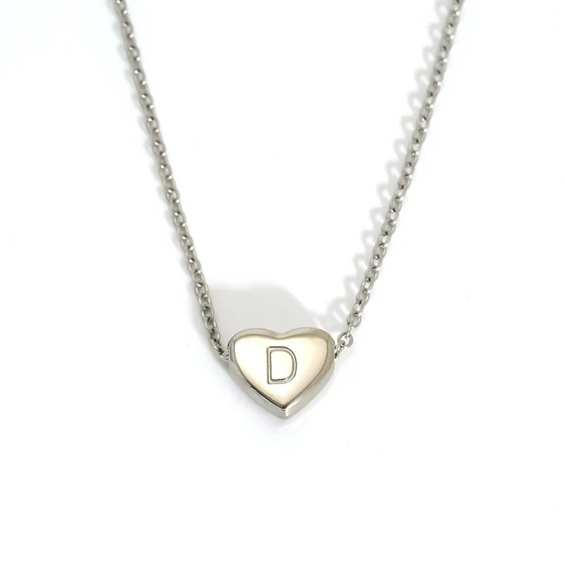 Polished Stainless Steel Heart Initial Cable Necklace - Silver D