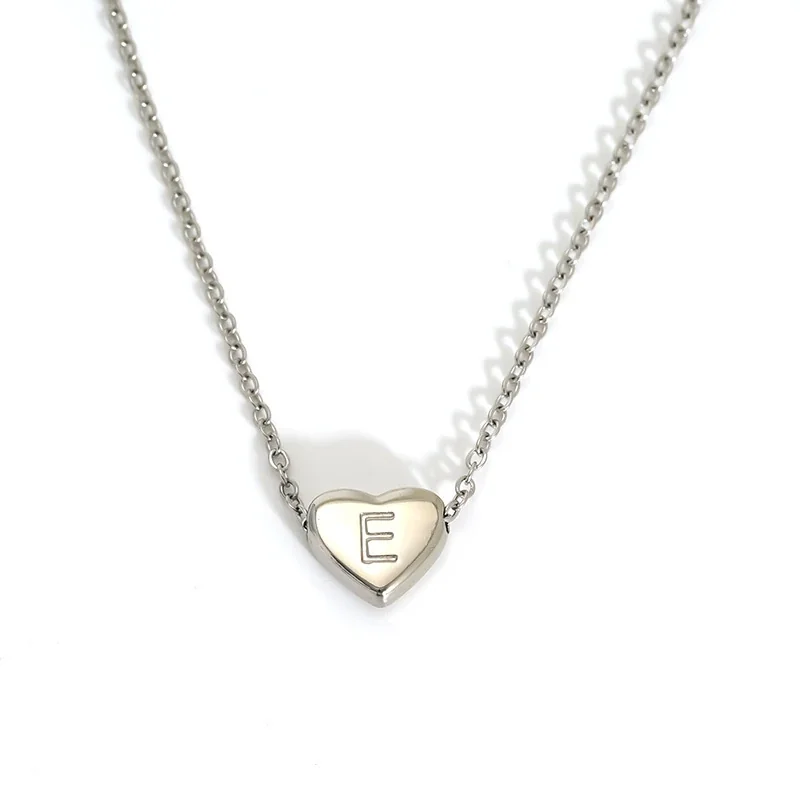Polished Stainless Steel Heart Initial Cable Necklace - Silver E