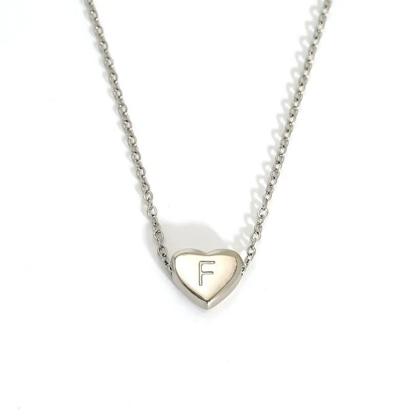 Polished Stainless Steel Heart Initial Cable Necklace - Silver F