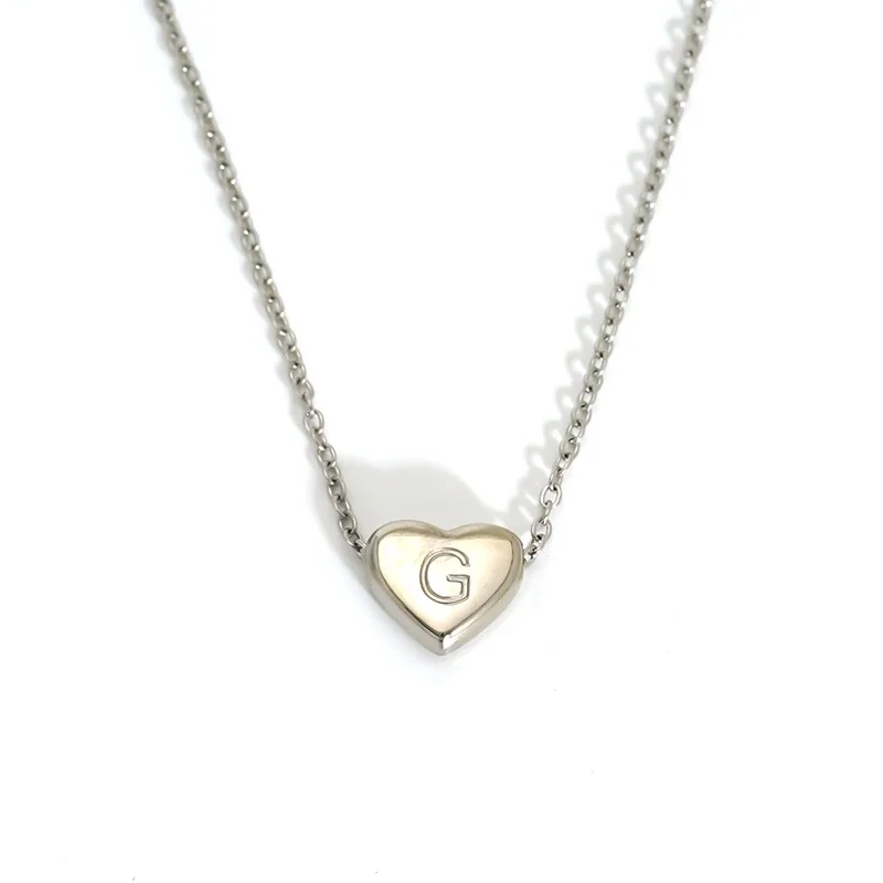 Polished Stainless Steel Heart Initial Cable Necklace - Silver G