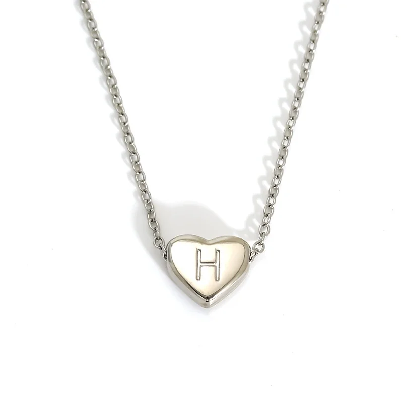 Polished Stainless Steel Heart Initial Cable Necklace - Silver H