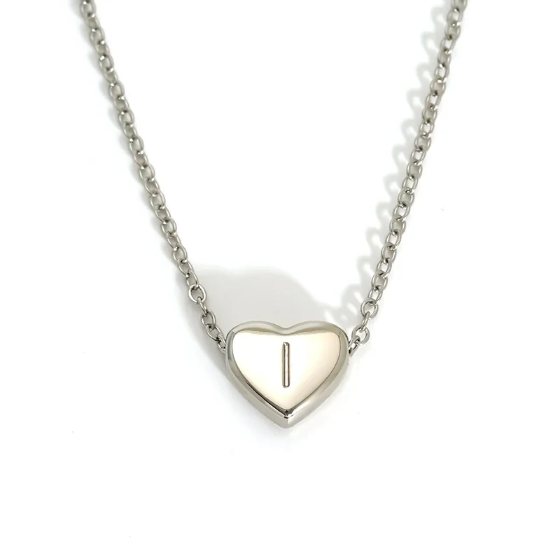 Polished Stainless Steel Heart Initial Cable Necklace - Silver I