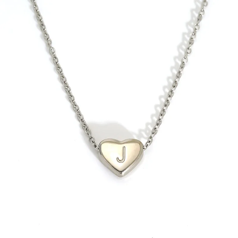 Polished Stainless Steel Heart Initial Cable Necklace - Silver J
