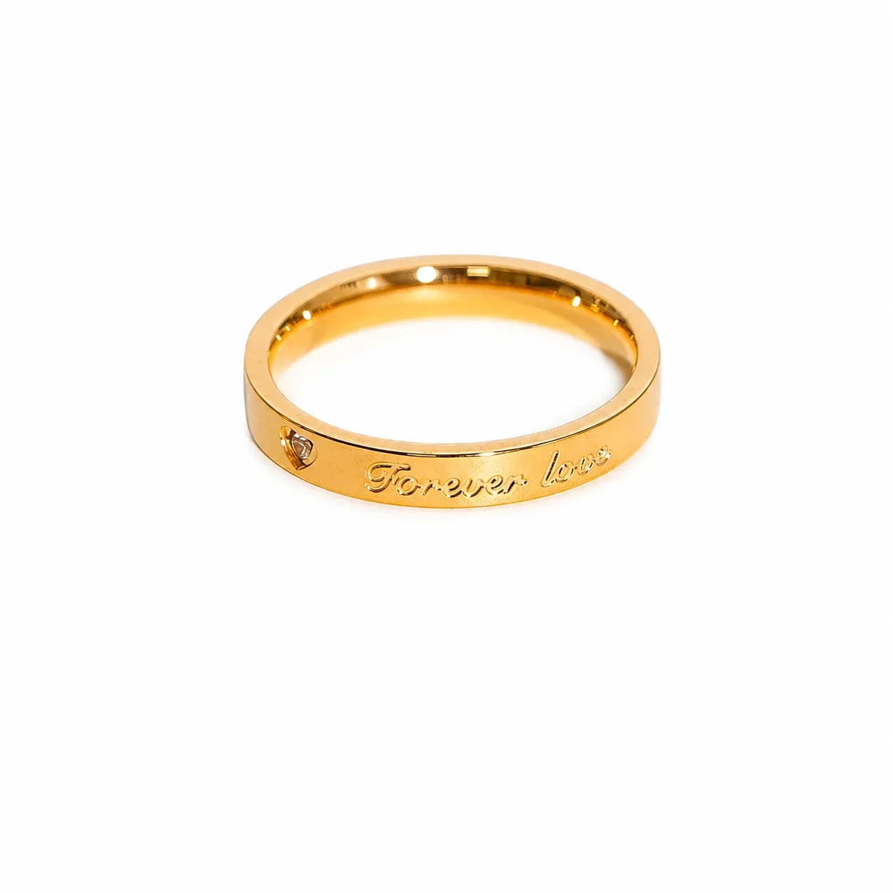 Polierter Edelstahl Ring mit Herz-Kristall und Schriftzug