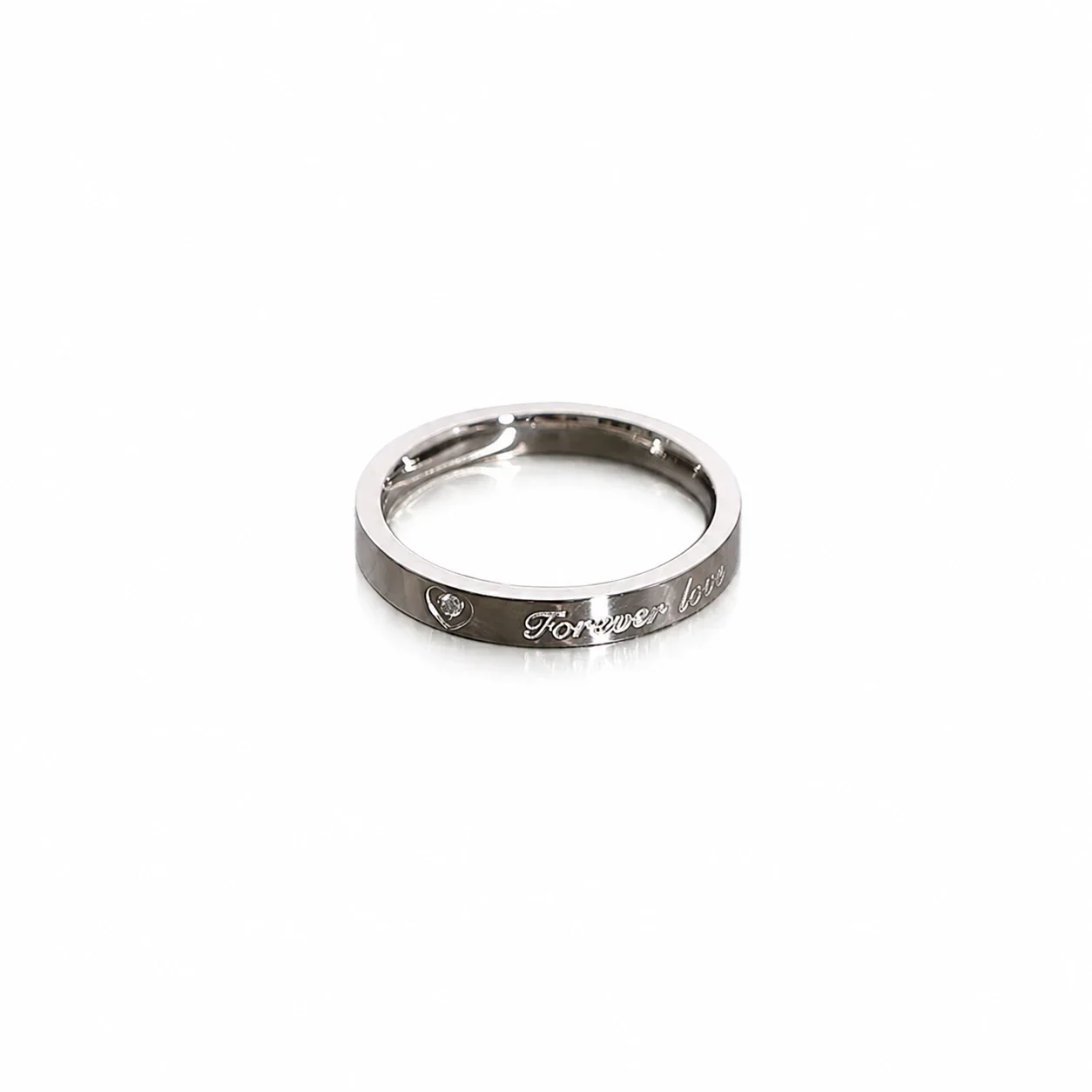 Polished Stainless Steel Heart Crystal Script Band Ring