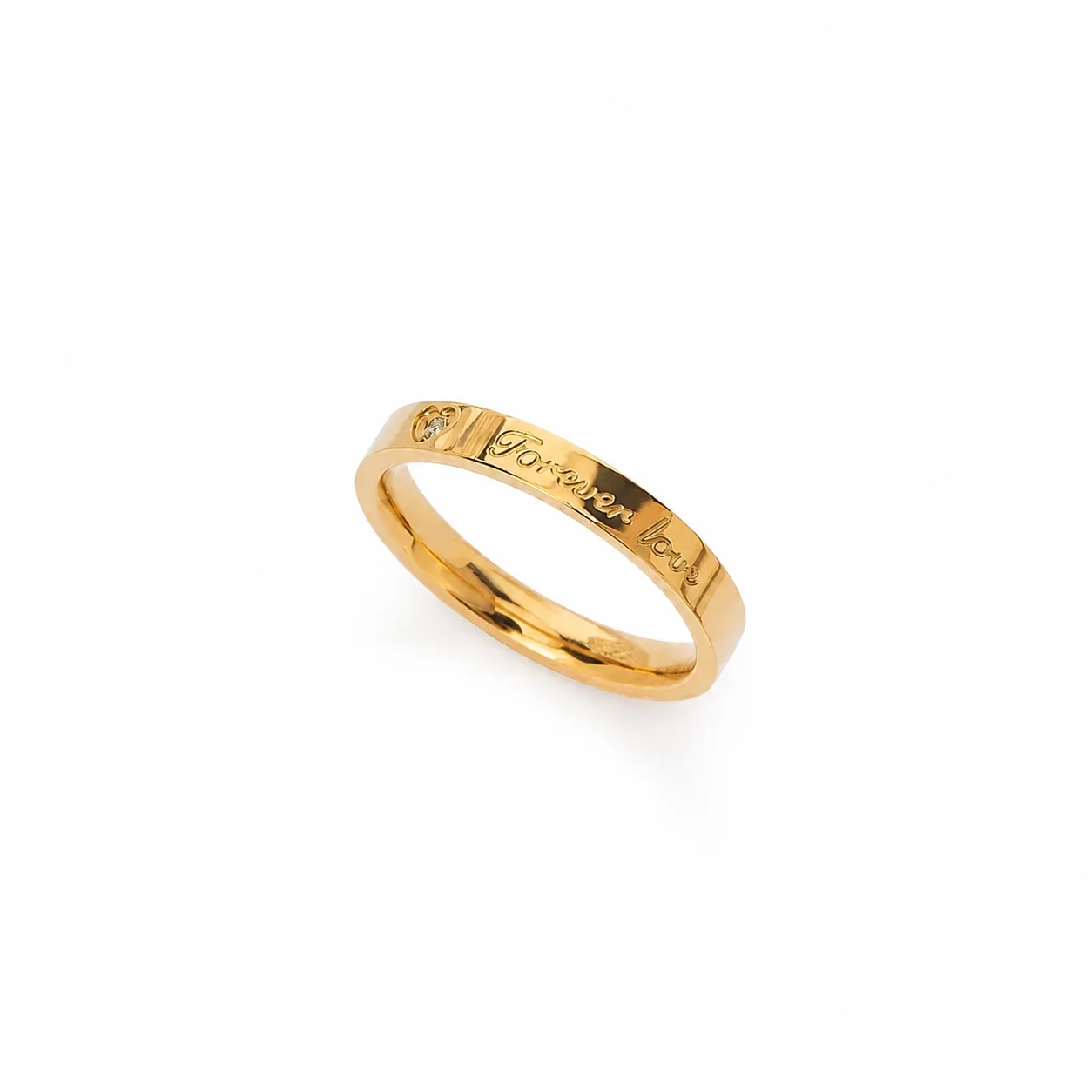 Polished Stainless Steel Heart Crystal Script Band Ring