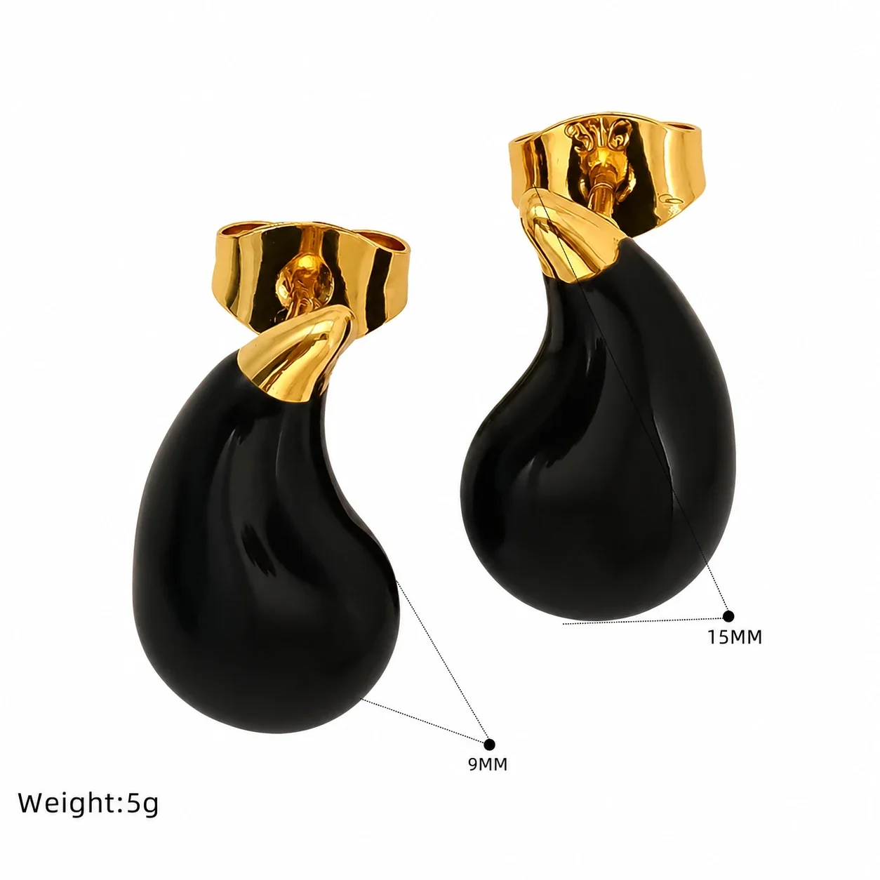 Sculptural Gold PVD Enamel Teardrop Stud Earrings - Black